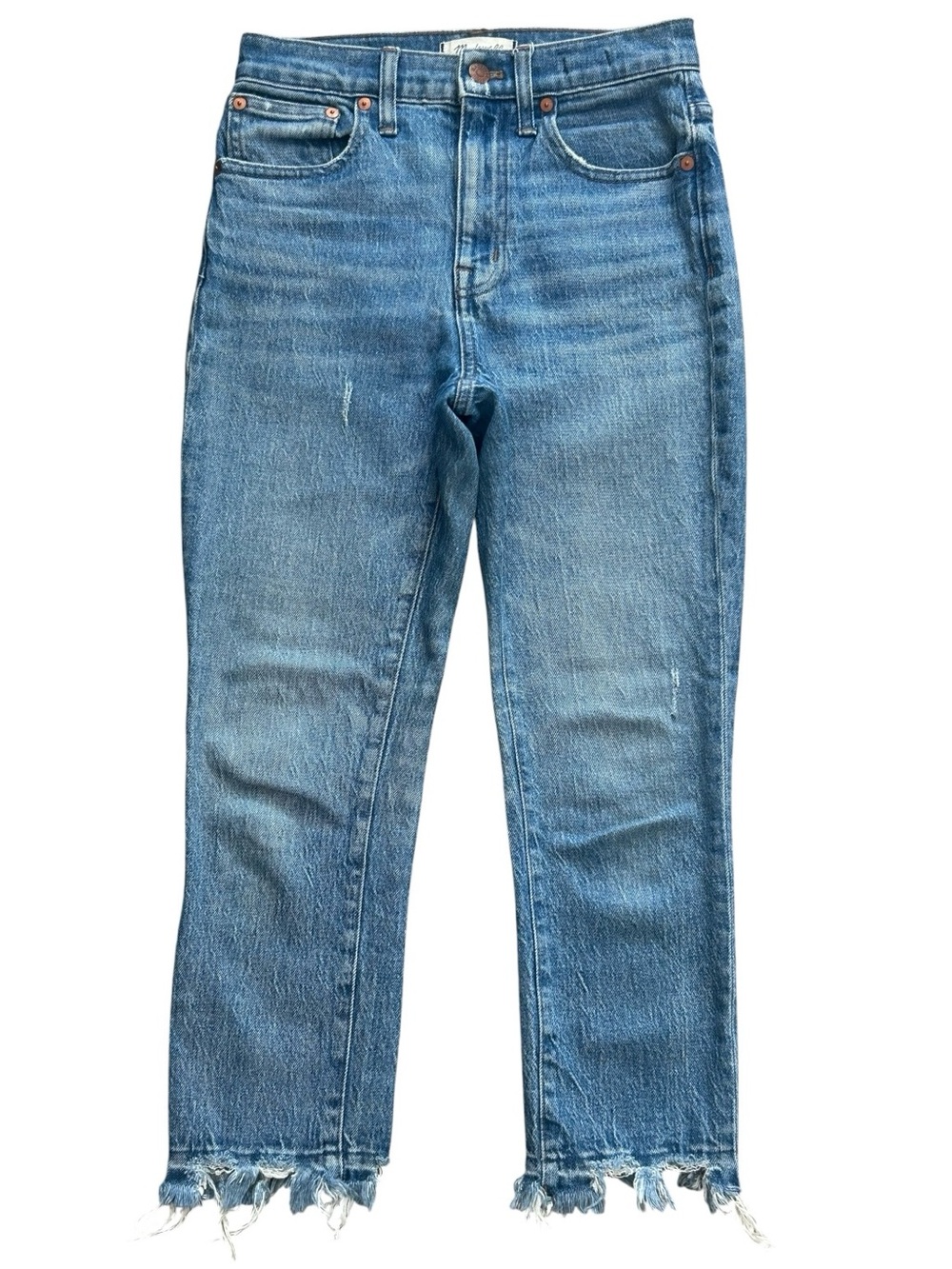 Madewell High Rise Slim Crop Boyjean Jeans 24P Stretch Distressed Raw Hem Blue